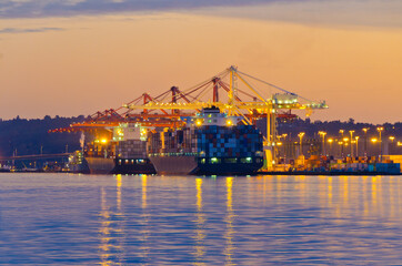 Night view of the quay port of Seattle, WA.