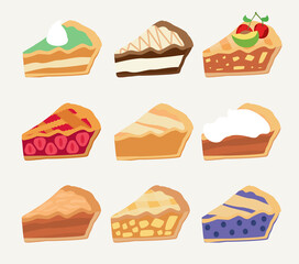 Colorful sweet cakes or pies slices pieces set. Set of four berry crumble pies. Vector illustration.