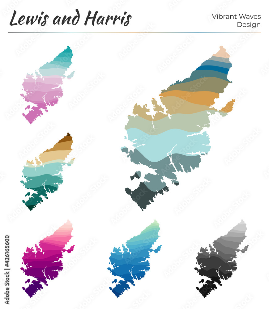 Poster set of vector maps of lewis and harris. vibrant waves design. bright map of island in geometric smoo