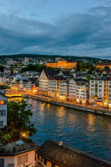 Night view of historic Zurich city center on summer, Canton of Zurich, Switzerland.