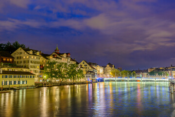 Fototapeta na wymiar Night view of historic Zurich city center on summer, Canton of Zurich, Switzerland.