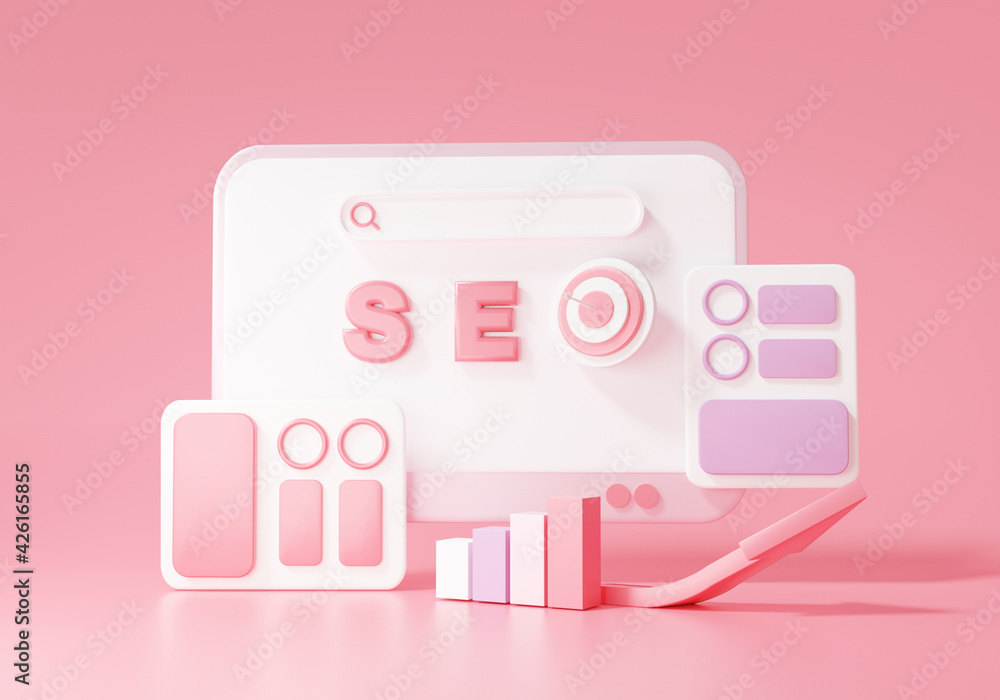 Poster seo or search engine optimization marketing concept. growth web analytics click search information c