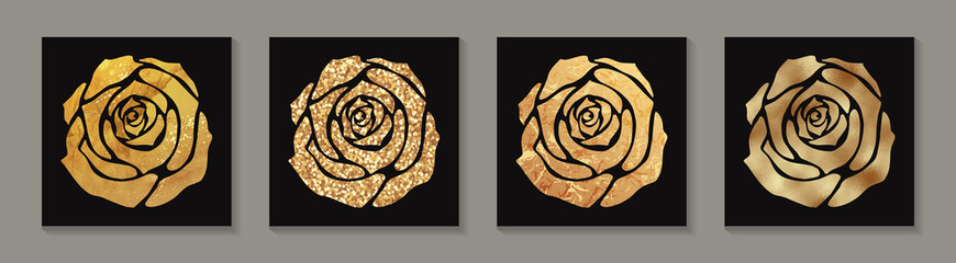 Set of golden luxury roses on a black background.