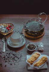 Tea time, green tea, sweet, black tea, tea, cup, teapot, tea party, sweets, cakes, lemon, on the table, table, still life, brown, green, flatley