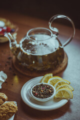 Tea time, green tea, sweet, black tea, tea, cup, teapot, tea party, sweets, cakes, lemon, on the table, table, still life, brown, green, flatley