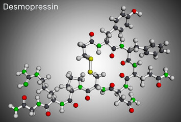 Desmopressin, desmopresina, desmopressinum molecule. It is antidiuretic peptide drug, synthetic analogue of vasopressin. Molecular model. 3D rendering.