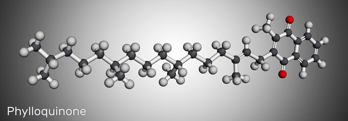 Phytomenadione, vitamin K1, phylloquinone molecule. It is essential fat soluble vitamin, is important in maintaining normal blood coagulation. Molecular model. 3D rendering.