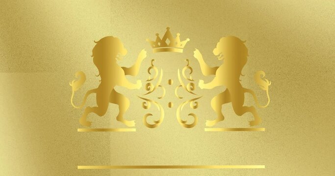 Digital animation of logo design with lion and crown against golden background