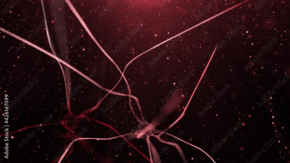 Poster abstract red coloured flashing neuron cells in the brain on artistic blurry cyber space background.