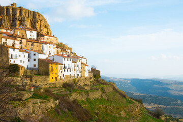 Naklejka premium Ares del Maestrat (Maestre), Castellon province, Valencian Community, Spain. Beautiful historic medieval village on top of a rocky hill. Maestrazgo natural mountainous region.