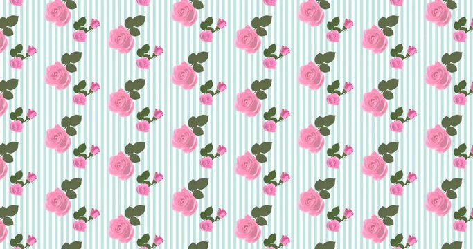 Digital animation of rose flowers icons moving in seamless pattern against striped background