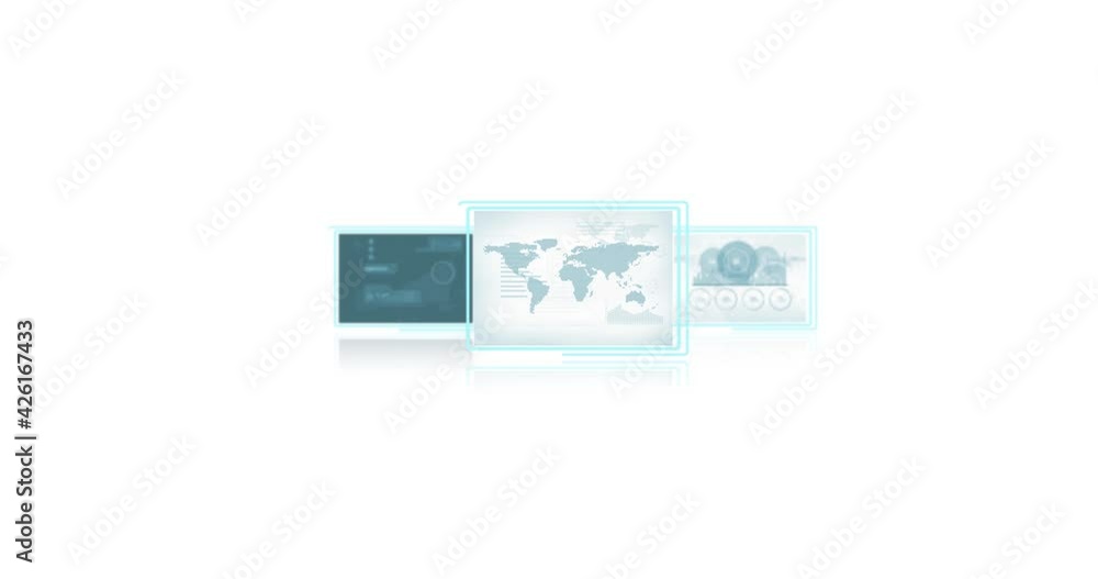 Poster animation of three screens with world map and data processing on white background