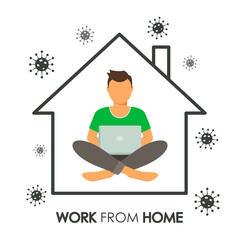 Sketchy house inside A man works at a computer online with an inscription Work from home.