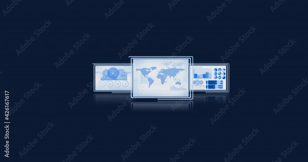 Poster animation of screens with world map and data processing on blue background