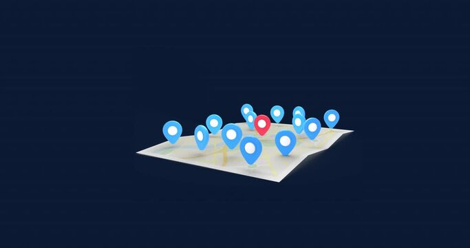 Animation of red and blue location pins over map on blue background