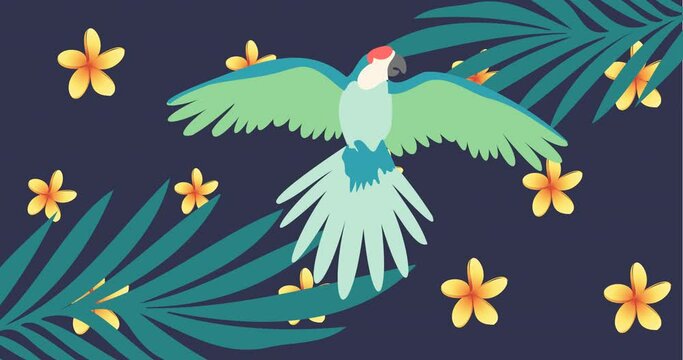 Animation of exotic parrot with spread wings moving over yellow flowers and palm leaves on purple