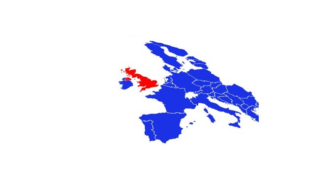 Animation of european map with red united kingdom and blue europe on white background