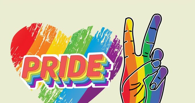 Animation of rainbow coloured pride text with victory sign over rainbow heart