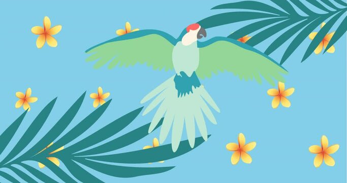 Animation of yellow flowers pulsating in formation over tropical leaves with exotic parrot on blue