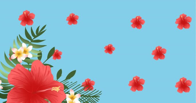 Animation of red flowers pulsating in formation over tropical leaves on blue background