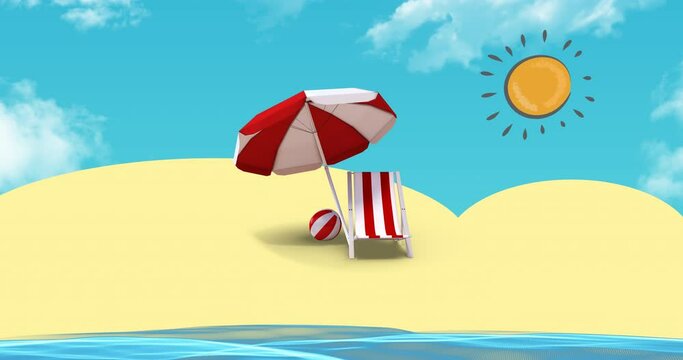 Animation of umbrella, deckchair and ball in red and white stripes on beach with sun on blue sky