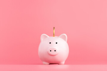Pink piggy Bank with a coin stands in the center on a pink background. Online business shopping concept - obrazy, fototapety, plakaty