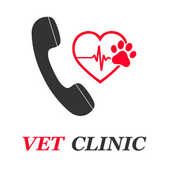 Illustration pet clinic logo design template. Heart with pulse and dog paw with phone on white background. 
