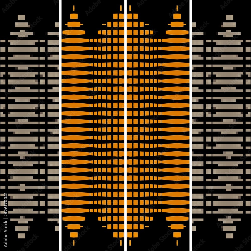 Poster 3d design in grey orange and white on a jet black background intricate patterns and shapes