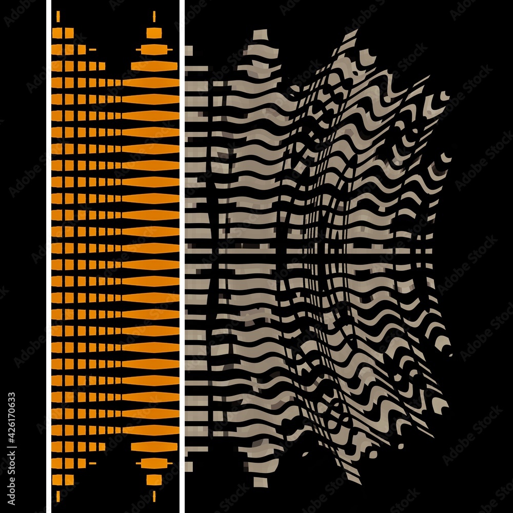 Poster 3d design in grey orange and white on a jet black background intricate patterns and shapes