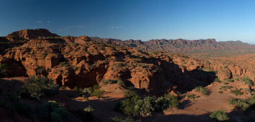 Fototapeta na wymiar The arid desert in the early morning. Panorama view of the red canyon, sandstone and rock formations at sunrise in sierra de las Quijadas, San Luis, Argentina. 