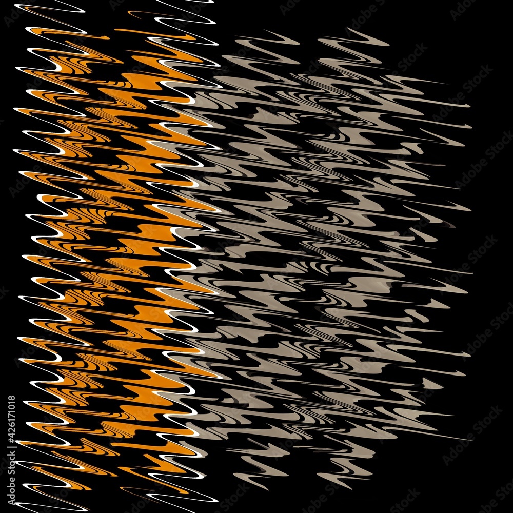 Poster 3d design in grey orange and white on a jet black background intricate patterns and shapes