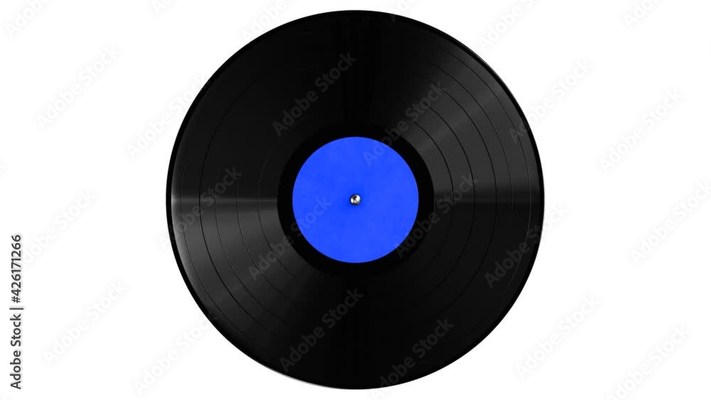 Poster realistic seamless looping 3d animation of the blue label vinyl record rendered in uhd with alpha ma