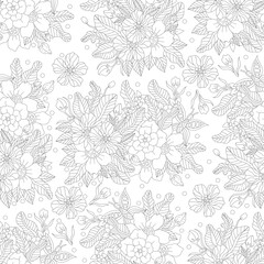 Monochrome doodle outline flower seamless pattern for adult coloring book. Vector hand drawn illustration.