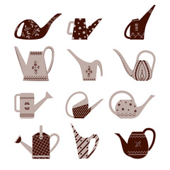 Set of garden watering cans. Bright watering cans with patterns.