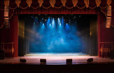 An empty stage of the theater, lit by spotlights and smoke before the performance