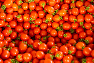 Group of tomatoes in turkish market in Antalia, Turkey. Red fresh tomatoes background