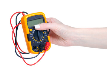 Multimeter yellow in hand on white background isolation