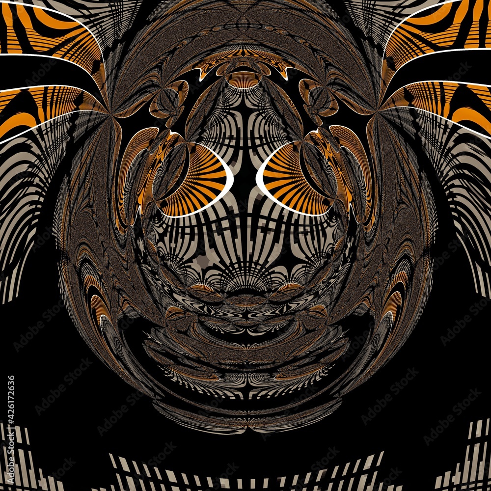 Poster 3d design in grey orange and white on a jet black background intricate patterns and shapes