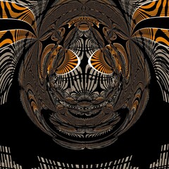 3d design in grey orange and white on a jet black background intricate patterns and shapes