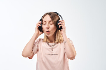 Woman listen music in headphones