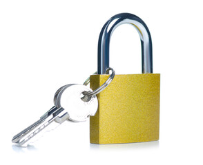 padlock with keys on white background isolation