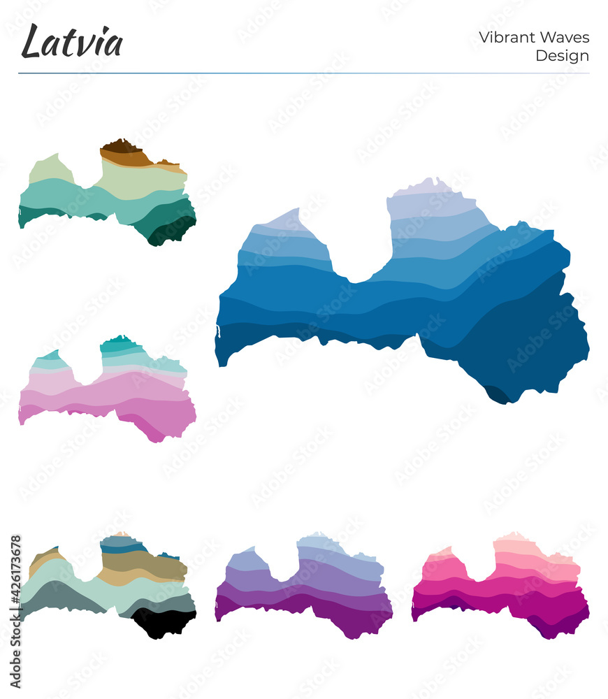 Poster set of vector maps of latvia. vibrant waves design. bright map of country in geometric smooth curves