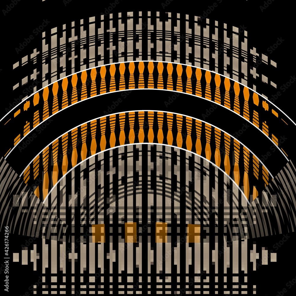 Aufkleber 3d design in grey orange and white on a jet black background intricate patterns and shapes