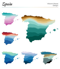 Set of vector maps of Spain. Vibrant waves design. Bright map of country in geometric smooth curves style. Multicolored Spain map for your design. Classy vector illustration.