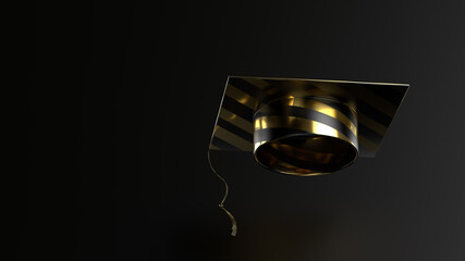 3d render of a black and gold graduate cap on a dark background