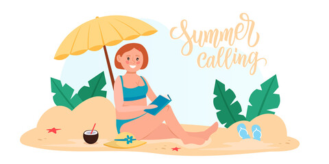 Woman in swimsuit sunbathing and enjoying summer vacation on the beach. Summer calling hand drawn lettering. Vector illustration.