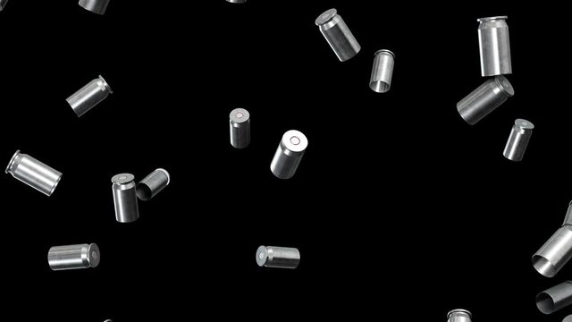 Realistic looping 3D animation of the hand gun 9 mm silver metallic shells falling down rendered in UHD as PNG RGBA. RGB plus Alpha. Transparent background.