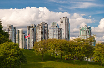 Fototapeta premium A view of sunny Yaletown from False Creek Sea walk. Downtown of Vancouver. Canada.