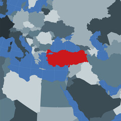Shape of the Turkey in context of neighbour countries. Country highlighted with red color on world map. Turkey map template. Vector illustration.
