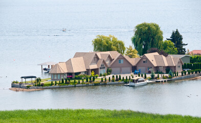 Friendly neighborhood of houses at the lake.